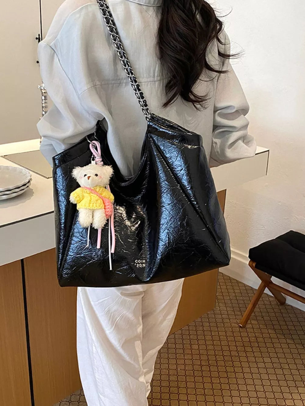 Pu Leather Large Shoulder Bag in Black, front view