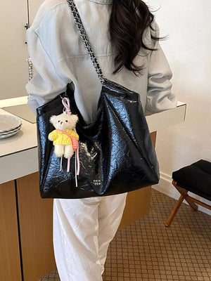 Pu Leather Large Shoulder Bag in Black, front view
