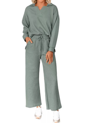 Sage green textured V-neck long sleeve lounge set with drawstring pants