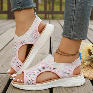 Open-toe sandals with ankle cuff in pink and white knit fabric, breathable and comfortable design.