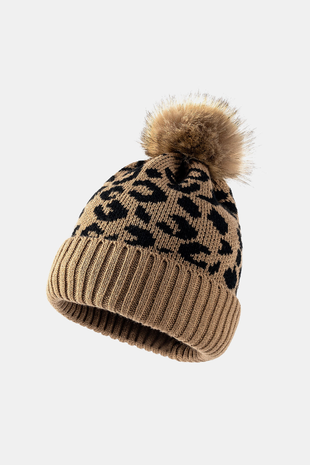 Textured leopard print acrylic beanie with a faux fur pom in khaki.