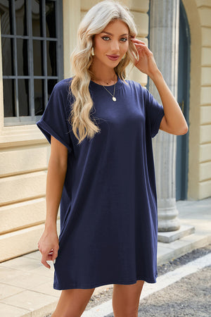 Dark blue casual dress with cuffed short sleeves and a round neckline.