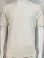 Ivory textured knit tee with subtle V-neck and short sleeves.