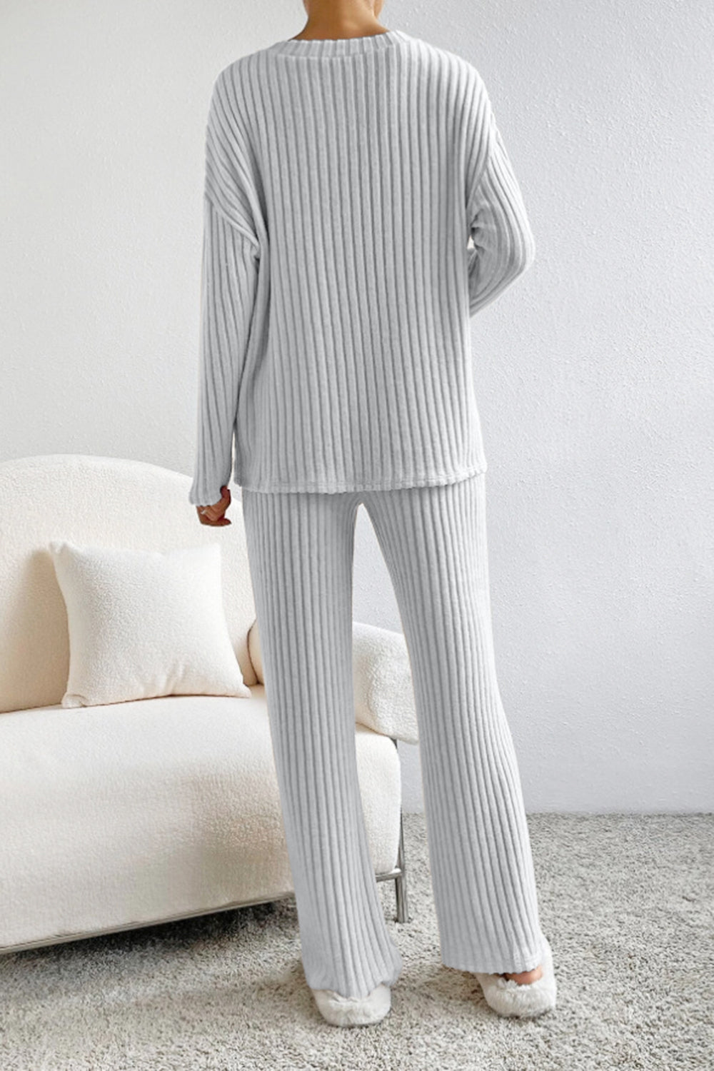Light Gray ribbed knit lounge set with crew neck top and wide leg pants.