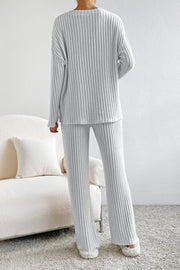 Light Gray ribbed knit lounge set with crew neck top and wide leg pants.