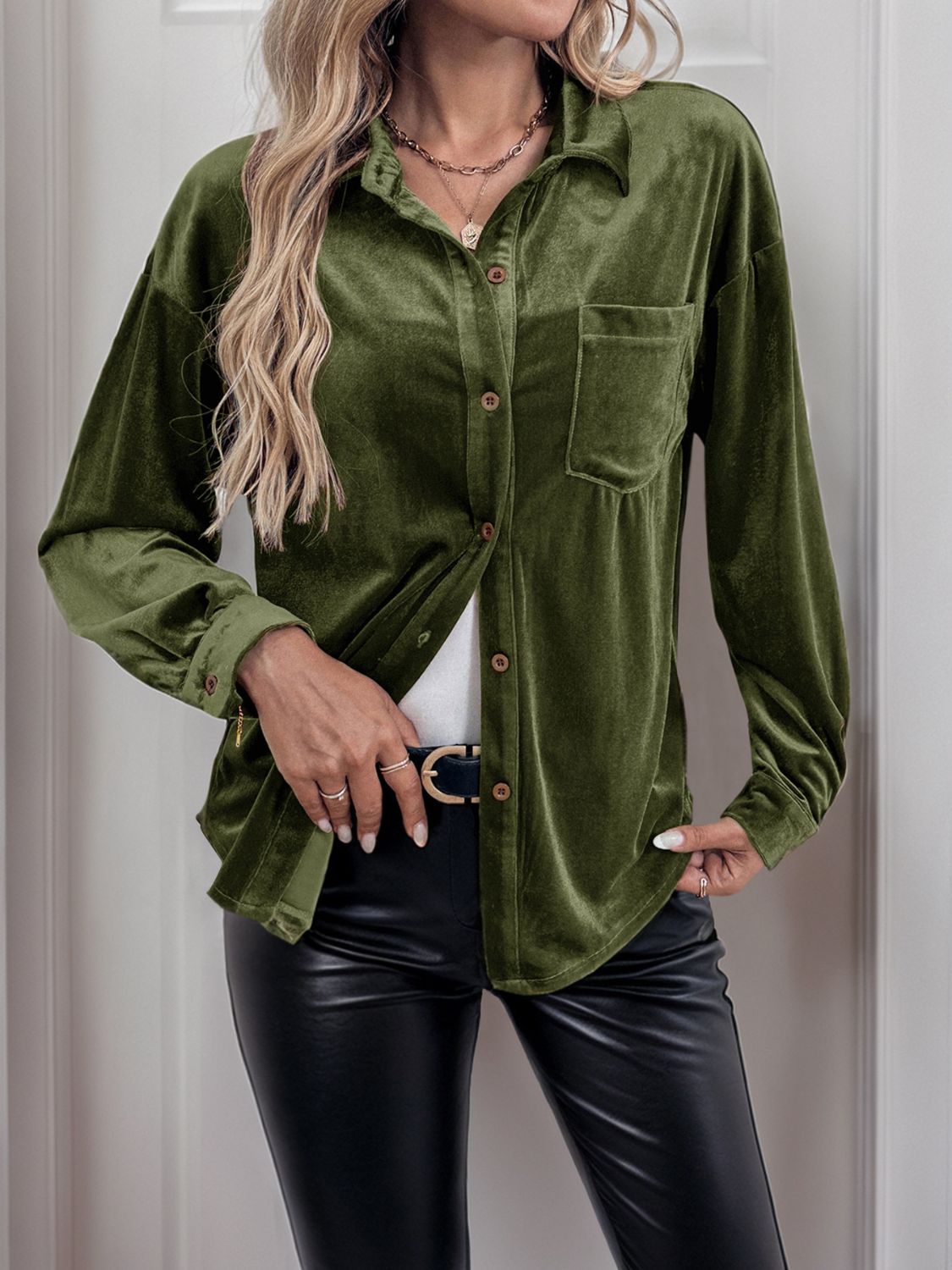 Moss velvet blouson sleeve button-up shirt with pocket detail
