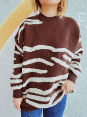 Brown acrylic crewneck sweater with textured white stripes, crewneck, long sleeves.