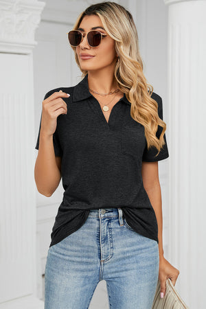 Dark Gray V-neck polo tee with short sleeves and a chest pocket.