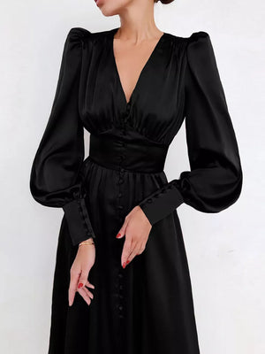 Elegant V-neck Puff Sleeve Button-down Midi Dress in White, view 17