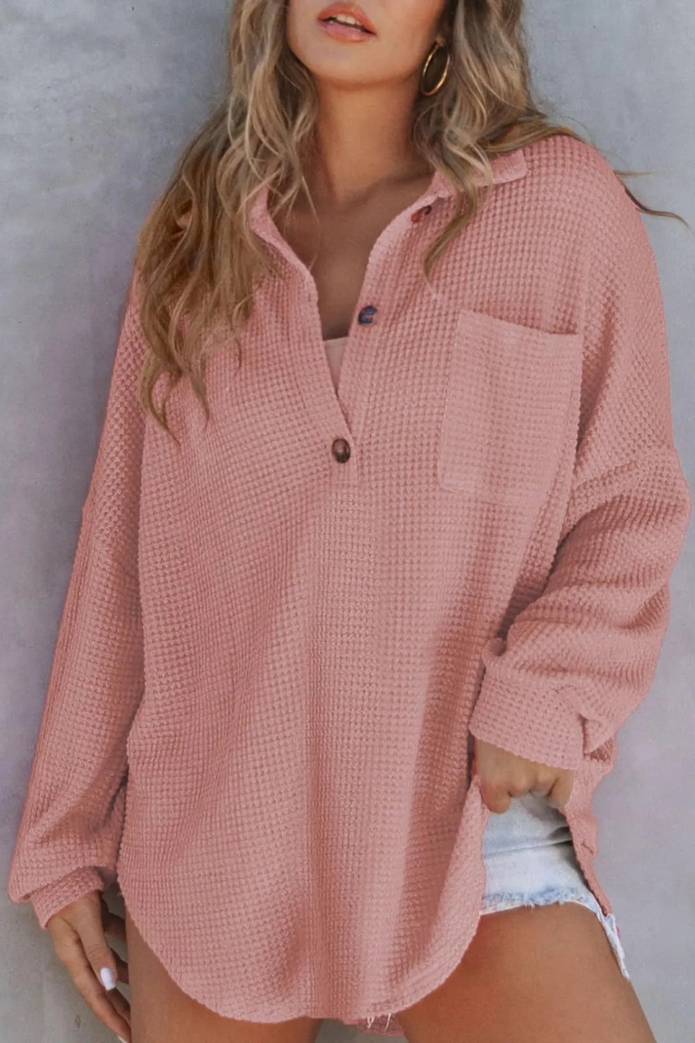 Dusty Pink waffle knit henley shirt with pocket and button detail