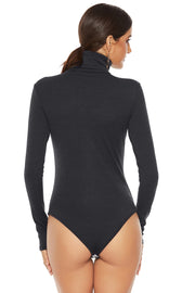 Black ribbed turtleneck bodysuit with long sleeves and a high-cut bottom.