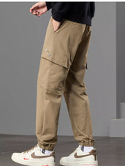 Men S Casual Cargo Pants With Drawstring Waist in Khaki, close-up detail