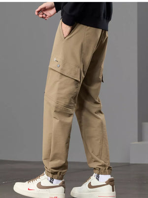 Men S Casual Cargo Pants With Drawstring Waist in Khaki, close-up detail