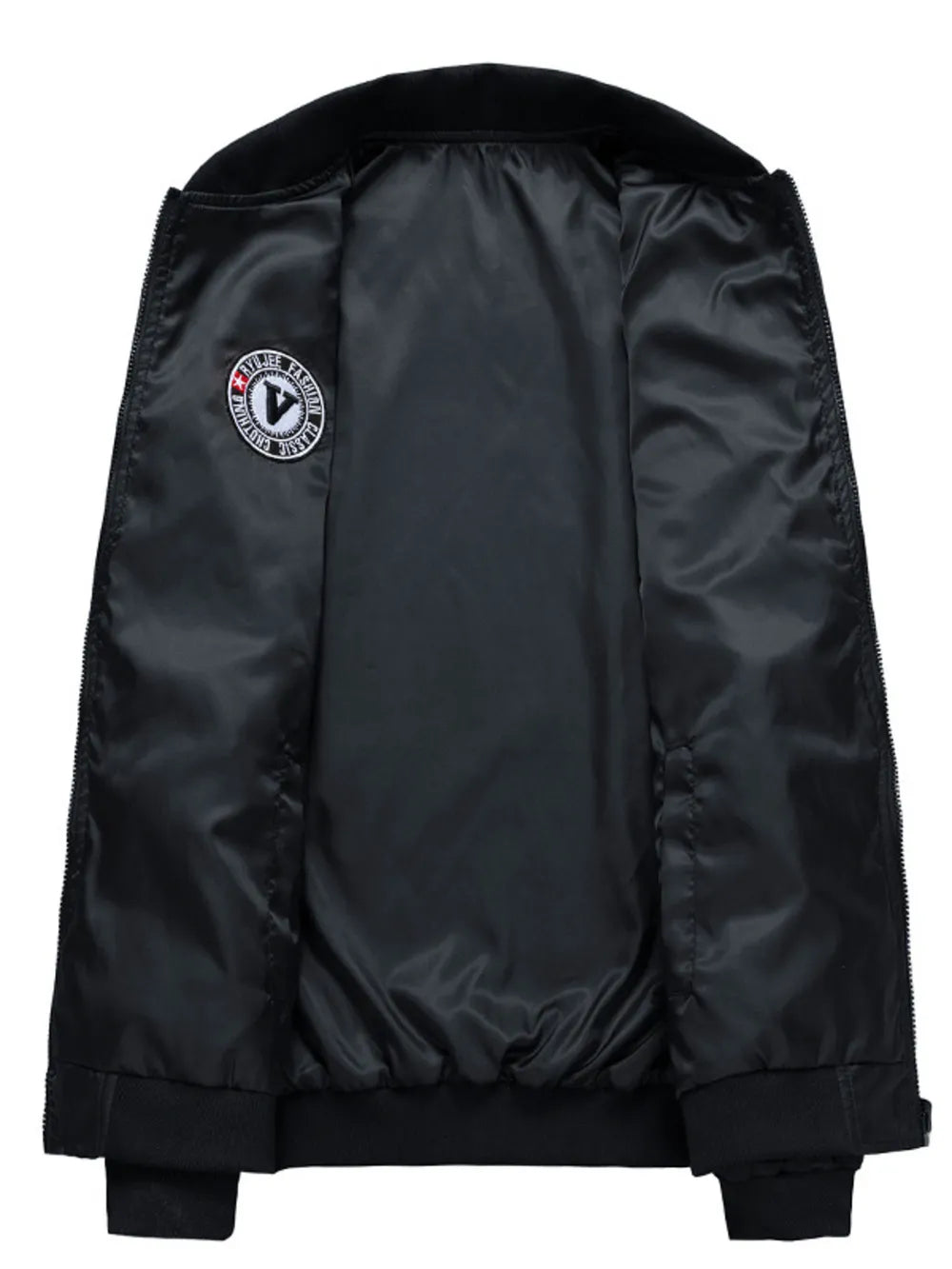 Black bomber jacket with satin lining and embroidered patch detail.