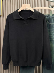 Black collared knit sweater with ribbed texture and a relaxed fit.