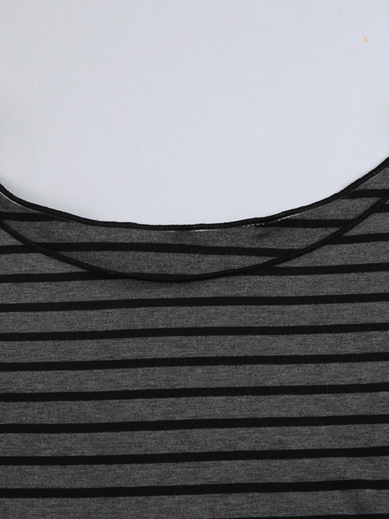 Grey striped t-shirt with boat neck and black trim detail