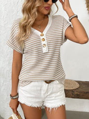 Button-down knit top with caramel and white stripes, v-neck, and short sleeves.