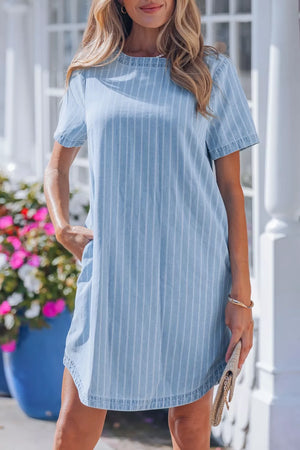 Light blue denim mini dress with white vertical stripes, short sleeves, and crew neck.