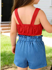 Girls' red crop top with bow detail and blue paperbag waist shorts