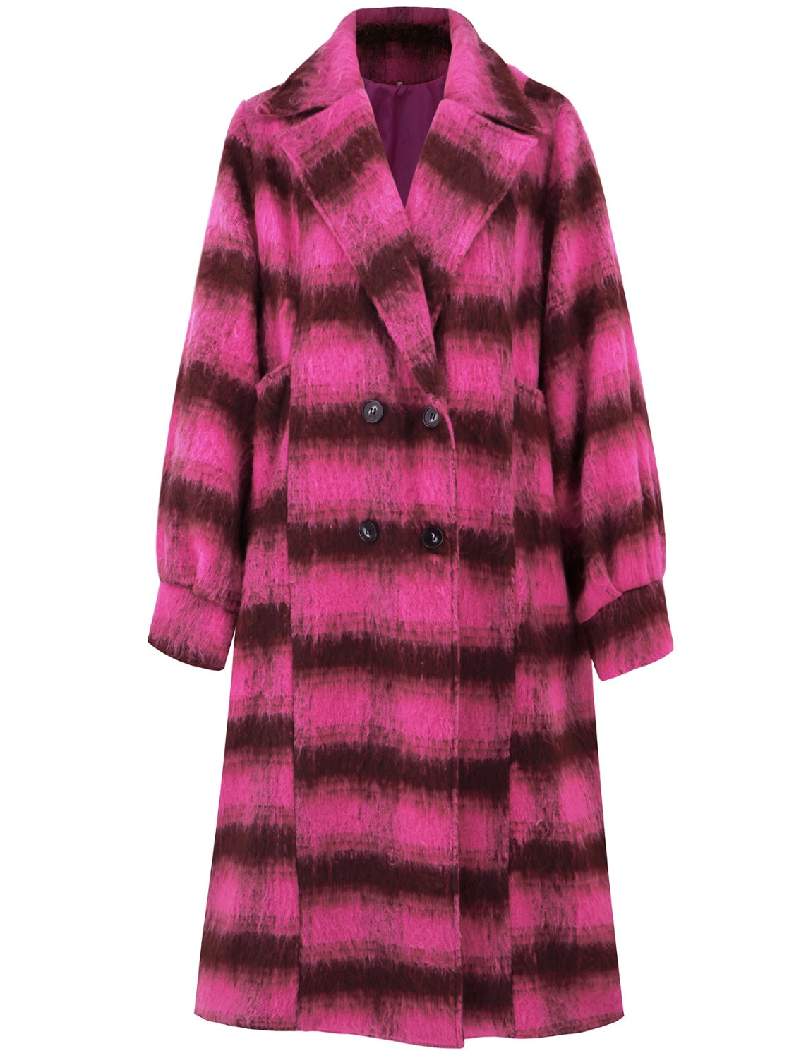 Hot Pink plaid cocoon coat with double-breasted closure and wide lapels.