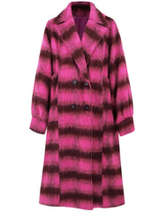 Hot Pink plaid cocoon coat with double-breasted closure and wide lapels.