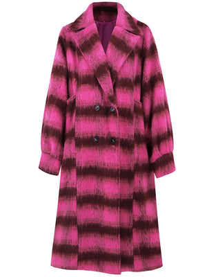 Hot Pink plaid cocoon coat with double-breasted closure and wide lapels.