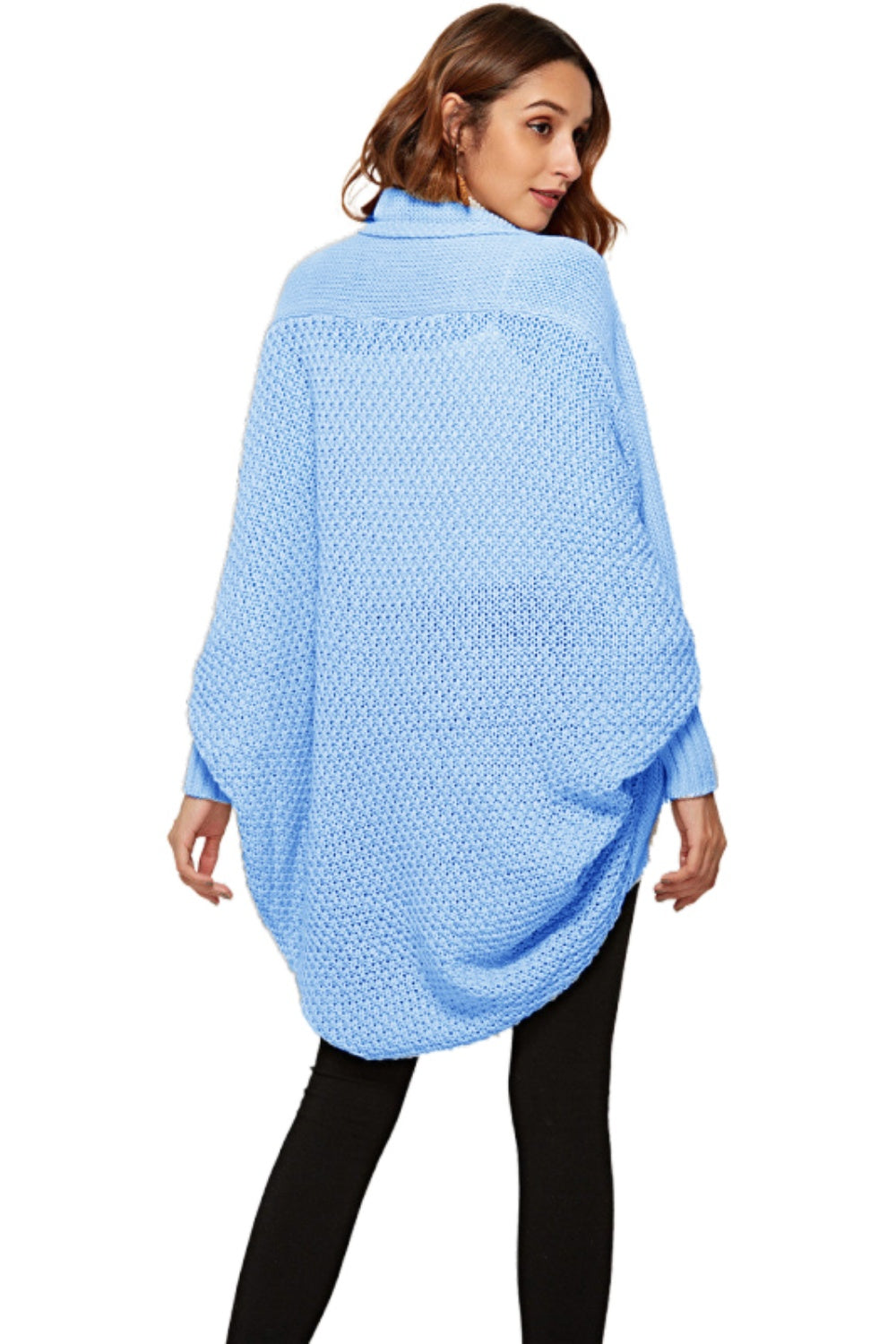 Light blue acrylic knit cocoon cardigan with shawl collar and batwing sleeves.