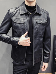 Men's black faux leather trucker jacket with chest pockets and zip closure.