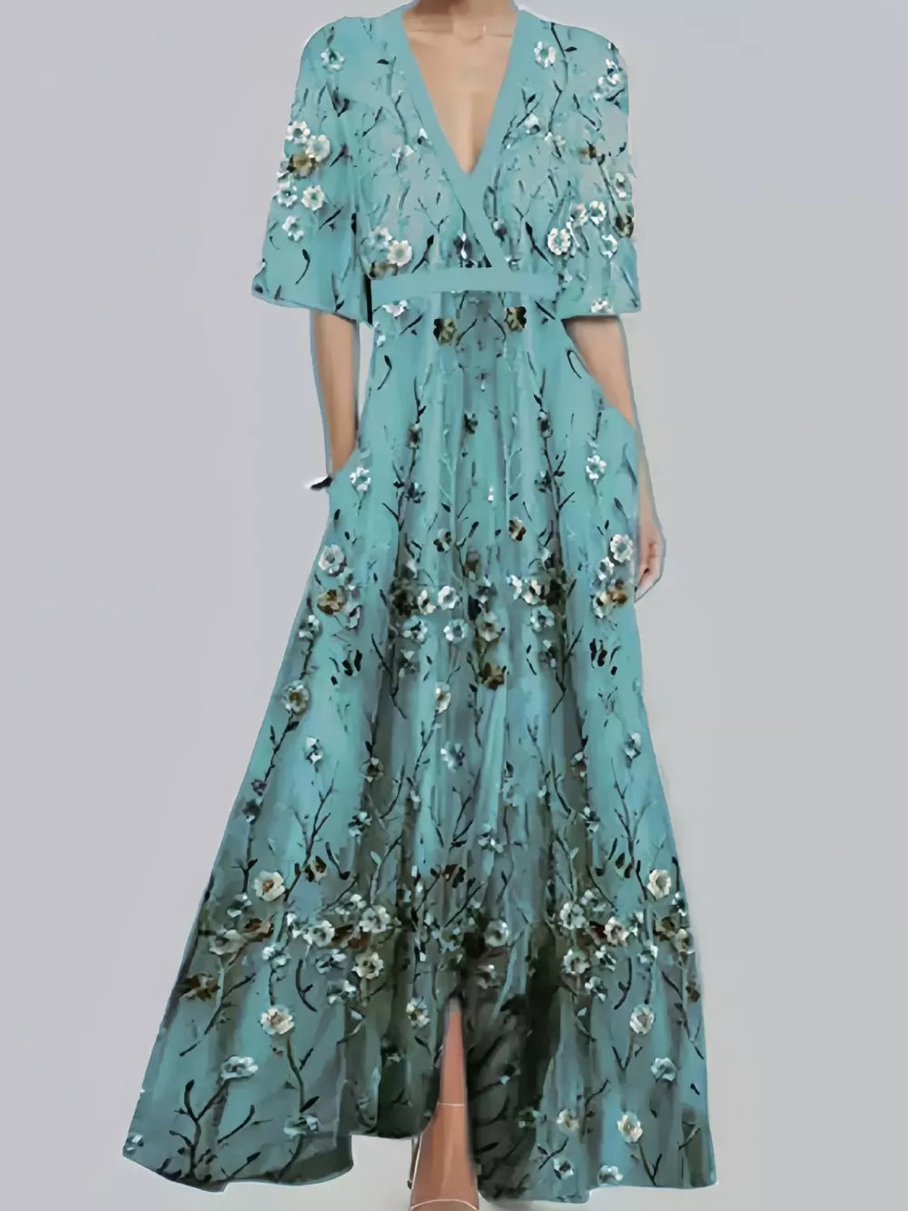 Floral surplice maxi dress with belt, V-neck, flutter sleeves, and pockets.