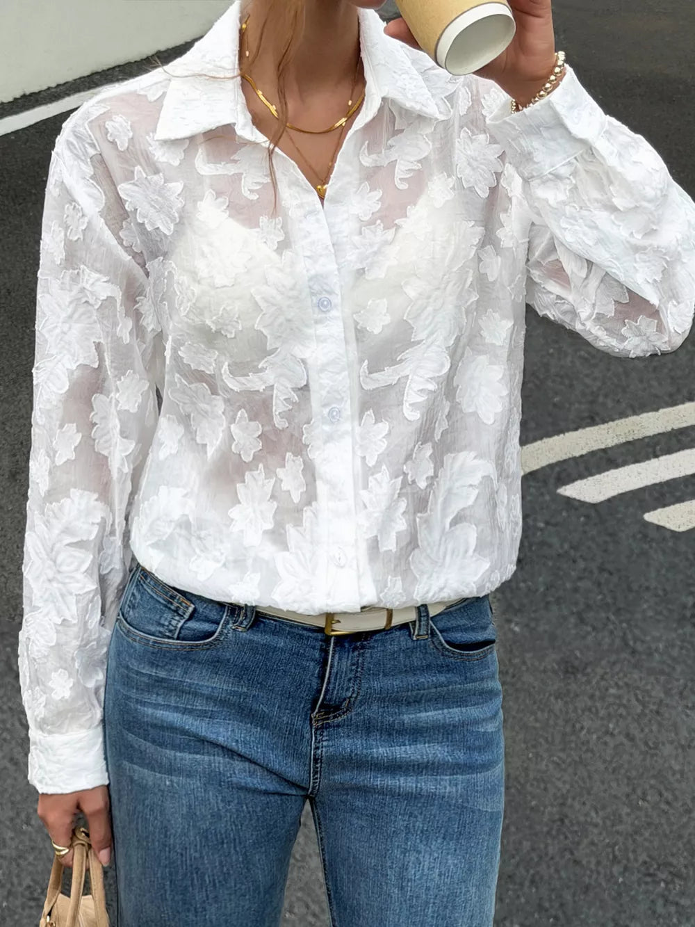 Sheer Floral Button Up Shirt in White, close-up detail