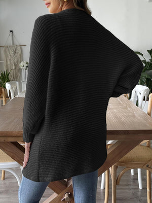 Black ribbed knit dolman sleeve cardigan with a relaxed fit.