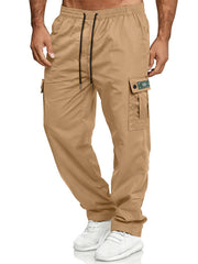 Khaki cargo pants with adjustable drawstring waist and side cargo pocket detail.