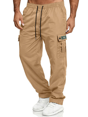 Khaki cargo pants with adjustable drawstring waist and side cargo pocket detail.