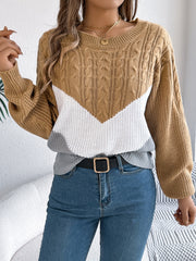 Chevron cable knit sweater in camel, white, and gray with crew neck.