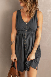 Gathered waistline button-down mini dress in gray with V-neck and sleeveless design