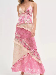 Maxi dress with floral print, lace tiers, and ruffled trim.