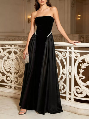 Lace Up Back Tube Maxi Dress in Black, front view