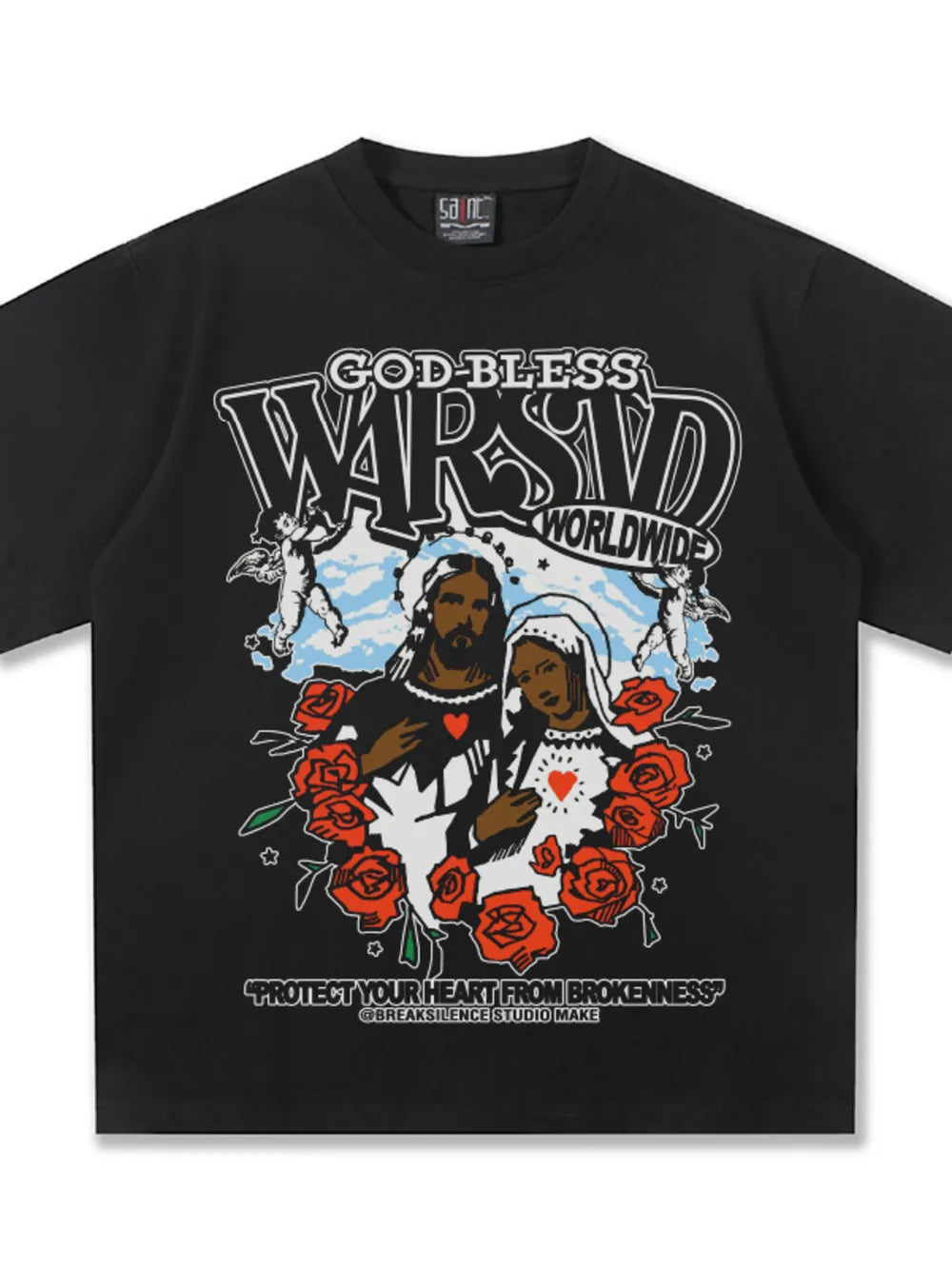 Black cotton t-shirt with Divine Inspiration graphic and roses.