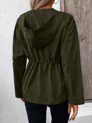 Army green utility jacket with cinched waistline and hood, shown from the back.