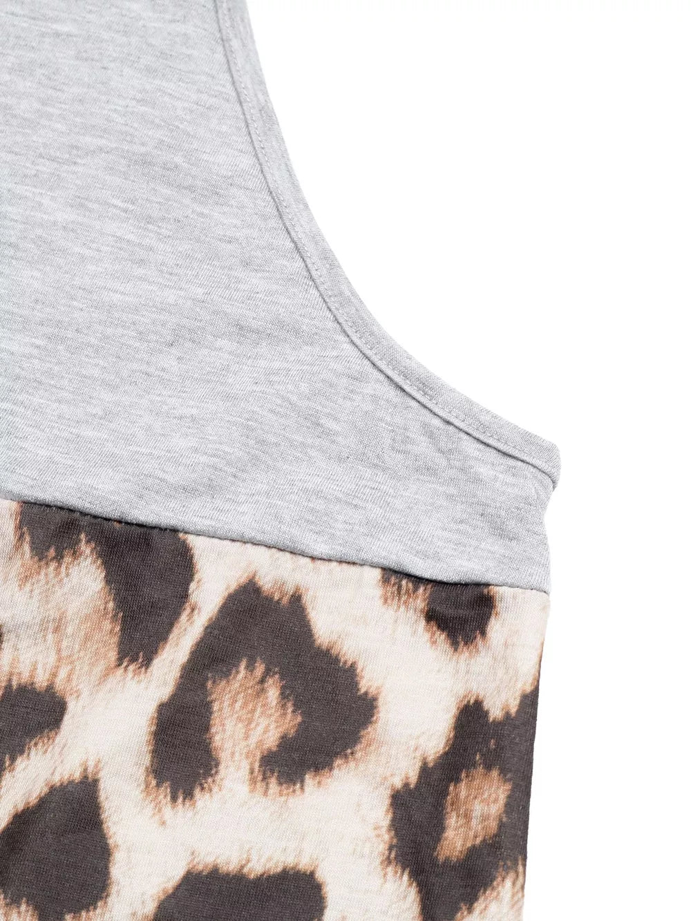 Leopard print halter tank top with a grey color block detail.