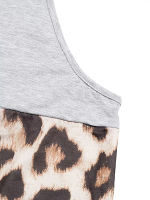 Leopard print halter tank top with a grey color block detail.