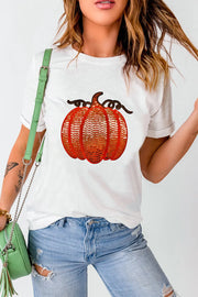 White tee with sequin pumpkin appliqué and rolled sleeves.
