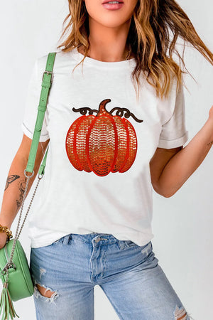 White tee with sequin pumpkin appliqué and rolled sleeves.