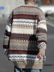 Men's gray and brown geometric knit sweater with heritage-inspired pattern.