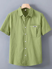 Lime short-sleeve button-up shirt with chest pocket and white buttons
