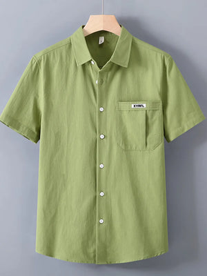 Lime short-sleeve button-up shirt with chest pocket and white buttons