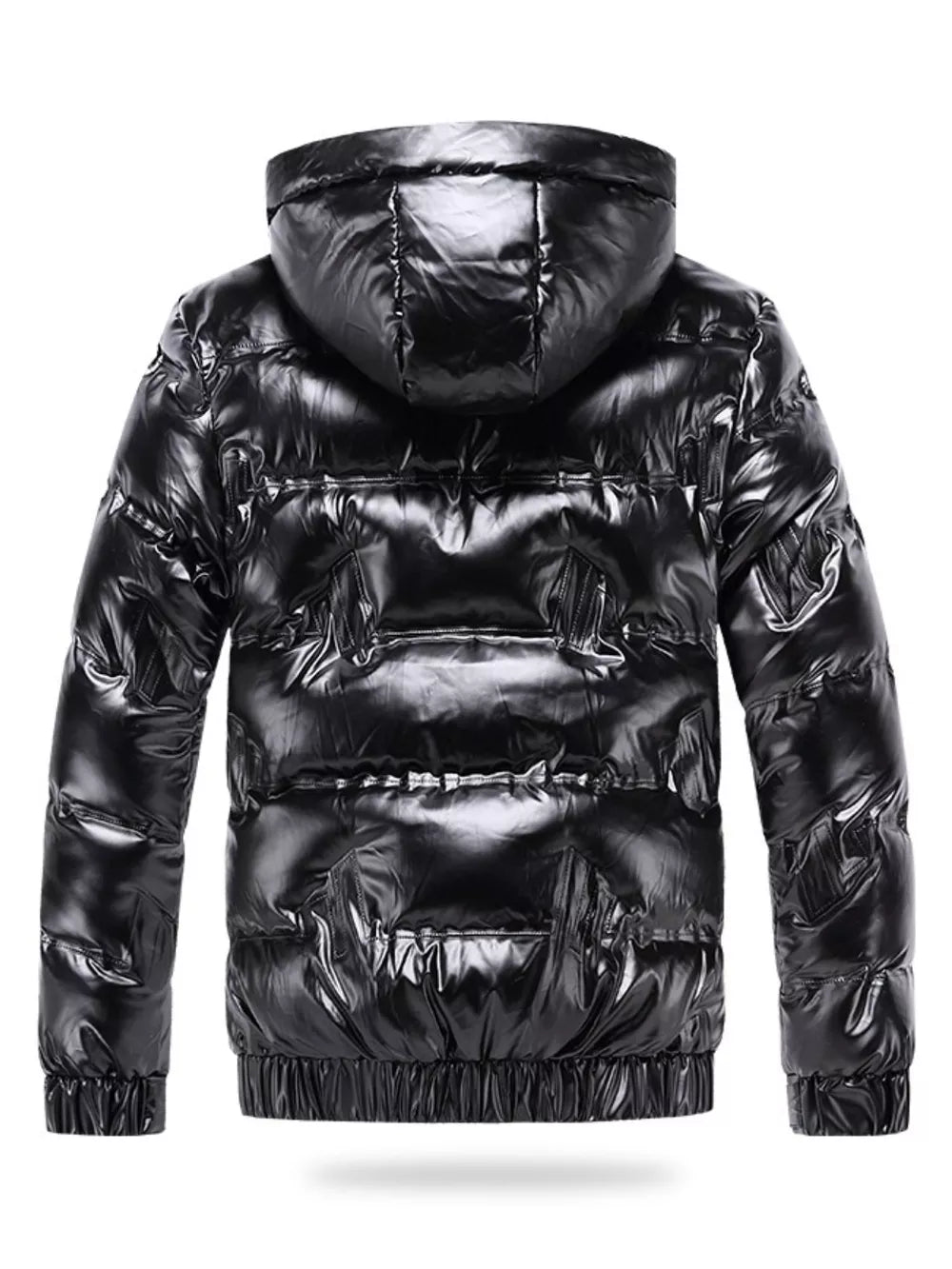 Black reflective hooded puffer jacket for men with elastic cuffs and hem.