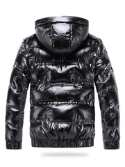 Black reflective hooded puffer jacket for men with elastic cuffs and hem.