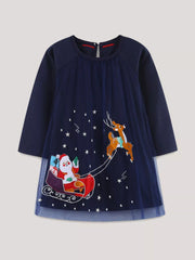 Navy embroidered tulle Santa dress with reindeer and sleigh design.