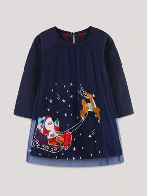 Navy embroidered tulle Santa dress with reindeer and sleigh design.